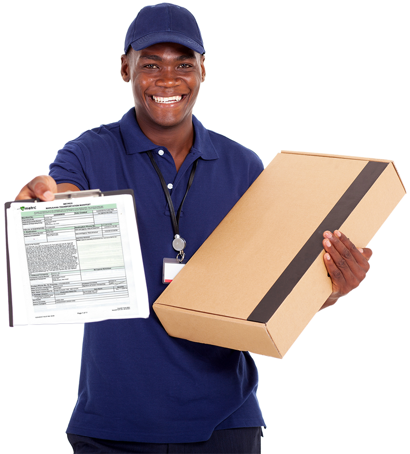 Delivery man holding a package and clipboard with a manifest on it